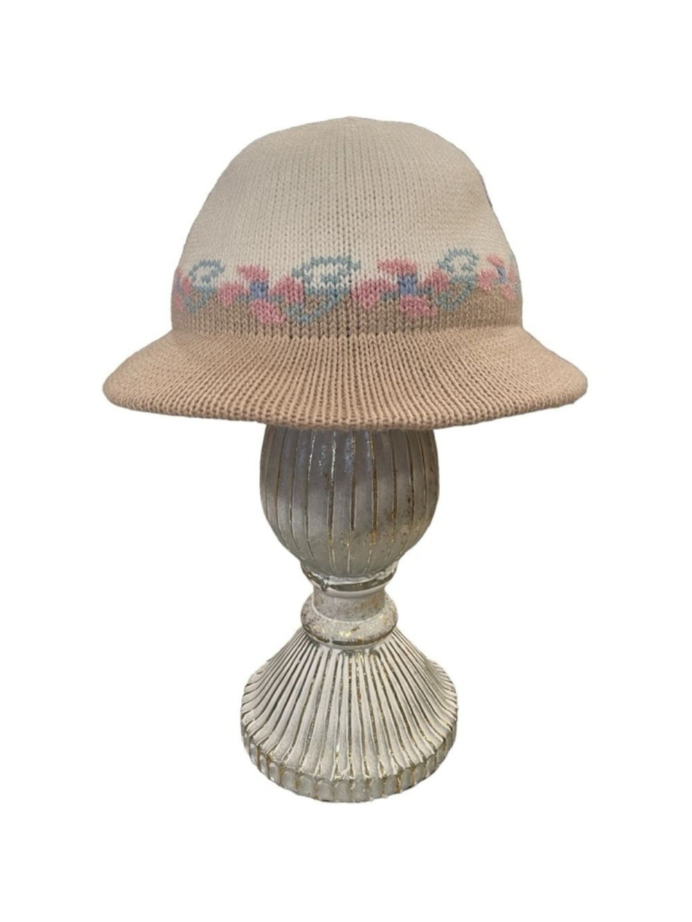 Vintage Womens Knit Hat Lined Floral WPL 219 Union Label Cream Brown Made in USA